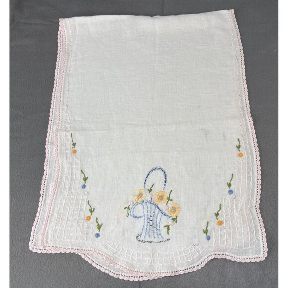 Hand Embroidered Linen Table Runner Flowers & Pink Lace Trim 38x14" - Picture 1 of 11